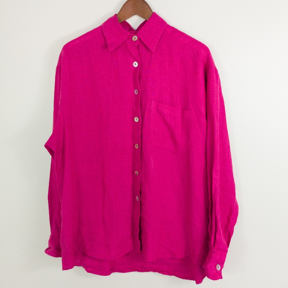 Bryn Walker Fuchsia 100% Linen Button Down Relaxed Blouse Size Small